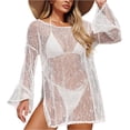 thumbnail image 1 of CIENVNSTG Long Sleeve Hollow Out Solid Crochet Knitted Tunic Beach Cover Up Cover-ups Beach Dress Female Beach Wear Beachwear White M, 1 of 5