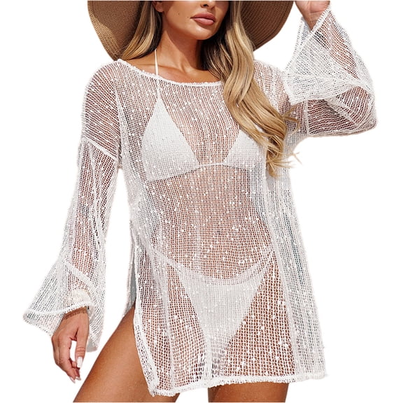 CIENVNSTG Long Sleeve Hollow Out Solid Crochet Knitted Tunic Beach Cover Up Cover-ups Beach Dress Female Beach Wear Beachwear White M