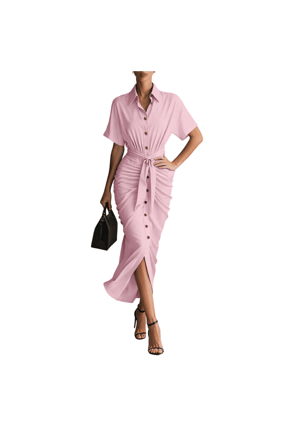 Maxi Dresses for Women Fashionable Casual Pure-Colored Dress Fitted Waist Single-Breasted Buttons Birthday Dress Light pink S