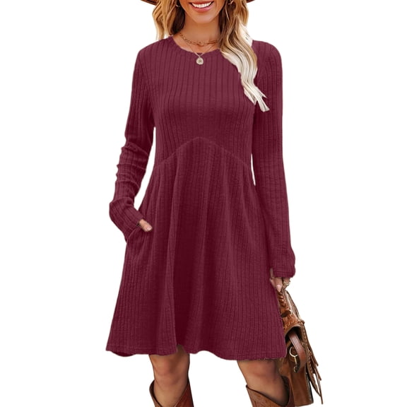 CIENVNSTG Maxi Dresses for Women Round-Neck Long Sleeve Shift Dress Deep Red 3XL