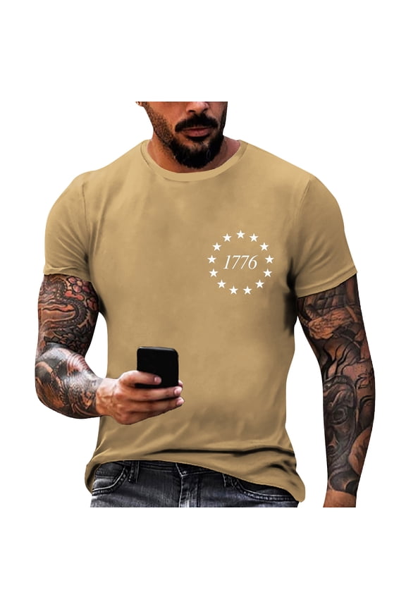 Men's 1776 USA Flag Print T-Shirt 250Th Anniversary Patriotic Short Sleeve Crewneck Tops Independence Day Casual Tees for Daily Leisure And Weekend Outings Earthy Yellow XXL