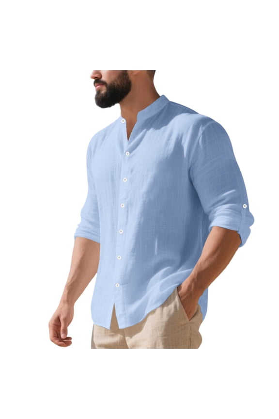 Men's Athletic Shirts & Tees Cotton Linen Long-Sleeved Shirts Solid Color Stand-Up Collar Casual Beach Style Plus Size Grunge Tops Light Blue XL