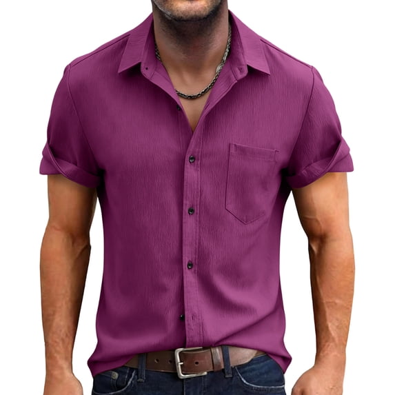 CIENVNSTG Men's Cotton Linen Shirts Short Sleeve Lapel Collar Casual Shirts Solid Color Button Down Shirt with Chest Pocket Beach Summer Shirt Dark Purple XL