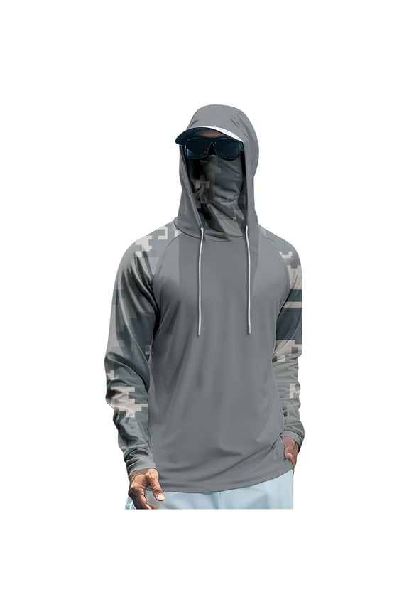 Men's Long Sleeve Outdoor Fishing Hoodie Raglan Cut Sun Cover Shirt With Mesh Visor Comfortable Lightweight Breathable Fabric Top for Summer Fishing Trips Gray L