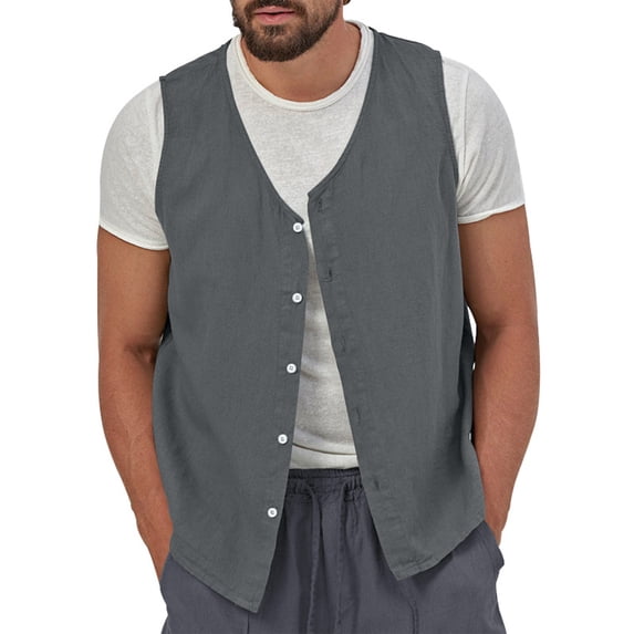 CIENVNSTG Men's Solid Color Cotton Linen Waistcoat Sleeveless Button Down Lightweight Casual Vest Stylish Beach Cardigan Suitable For Outdoor Daily Business Formal Suit Wear Dark Gray 3XL