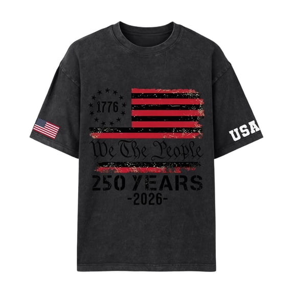 CIENVNSTG Men's USA 250th Anniversary Oversize T-Shirts Short Sleeve Crewneck Graphic Tees Patriotic Star and Stripe Flag 1776-2026 Letter Print Independence Day Casual Tops Black 2XL