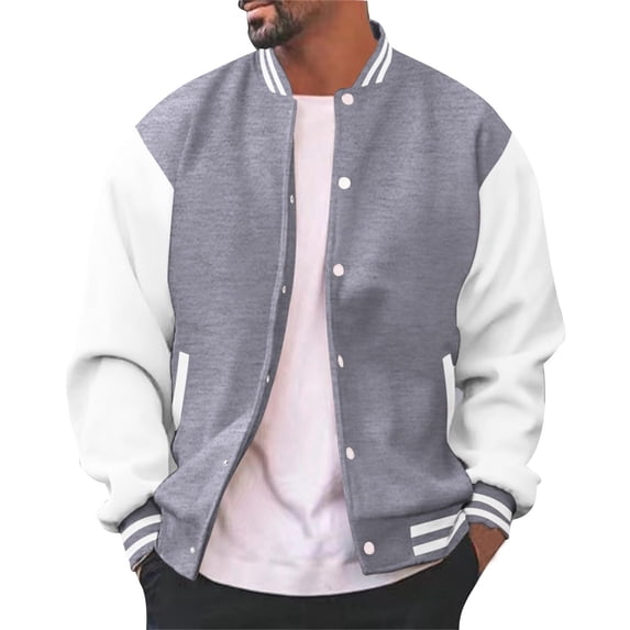 CIENVNSTG Men's Varsity Baseball Jacket Loose‑Fit Snap‑Button Long Sleeve Cotton Blend Letterman Jackets College Varsity Cardigan Jackets Gray 2XL
