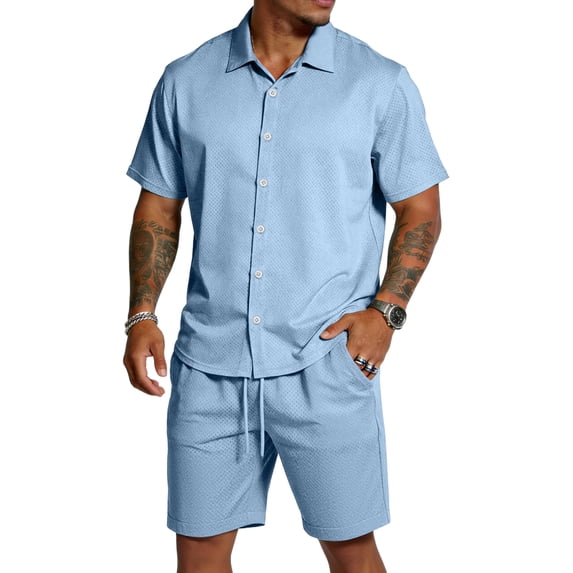 CIENVNSTG Mens 2 Piece Outfits Summer Track Suits Short Sleeve Button Down Shirt And Elastic Drawstring Pocket Shorts Beach Mens Outfits