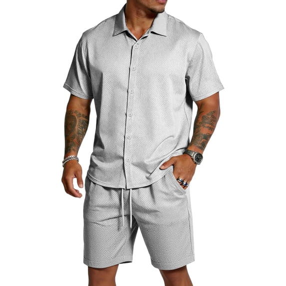 CIENVNSTG Mens 2 Piece Outfits Summer Track Suits Short Sleeve Button Down Shirt And Elastic Drawstring Pocket Shorts Beach Mens Outfits
