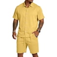 thumbnail image 1 of CIENVNSTG Mens 2 Piece Outfits Summer Track Suits Short Sleeve Button Down Shirt And Elastic Drawstring Pocket Shorts Beach Mens Outfits, 1 of 6