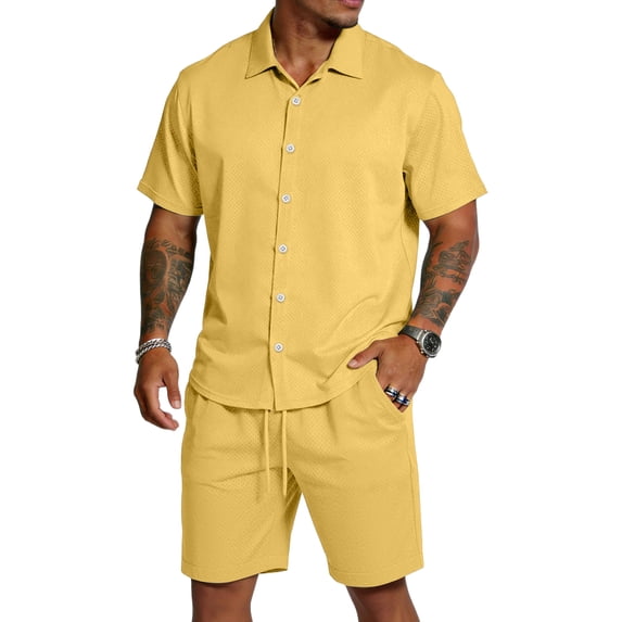 CIENVNSTG Mens 2 Piece Outfits Summer Track Suits Short Sleeve Button Down Shirt And Elastic Drawstring Pocket Shorts Beach Mens Outfits