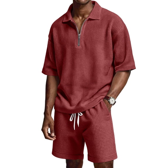 CIENVNSTG Mens 2 Piece Outfits Waffle Knit Outfit Half Zip Polo Shirt Summer Short Sleeve Shorts Sports Set