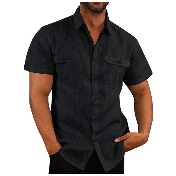 CIENVNSTG Mens Button Down Shirt Short Sleeve Cotton Linen Tee Solid Fashion Summer Beach Wedding Vacation Shirt with Pockets Black XL