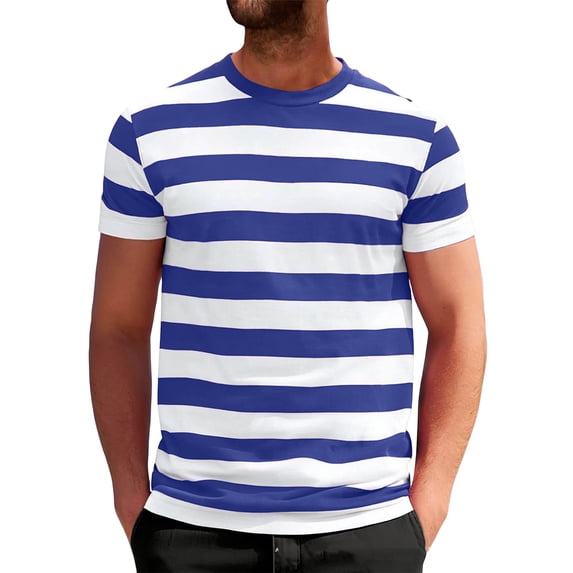 CIENVNSTG Mens Crew Neck Short Sleeve Loose Fit Basic T‑Shirts Breathable Horizontal Striped Casual Tops for Summer Daily Outfits Dark Blue XXXL