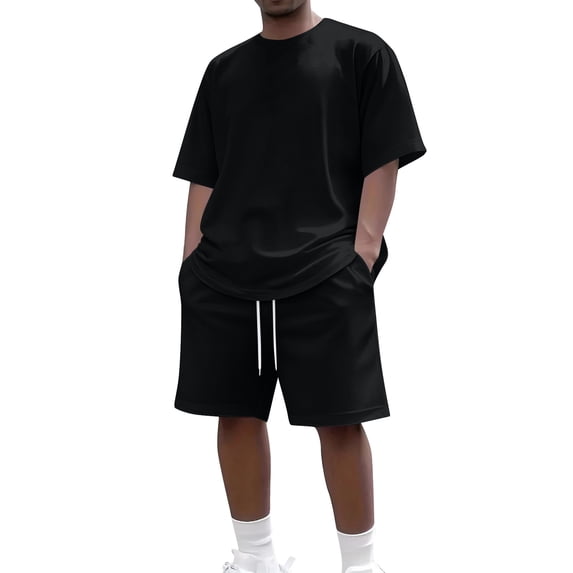 CIENVNSTG Mens Short Sets 2 Piece Outfits Short Sleeve Crewneck Summer T Shirt And Drawstring Casual Track Shorts Set Black L