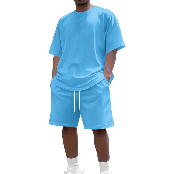CIENVNSTG Mens Short Sets 2 Piece Outfits Short Sleeve Crewneck Summer T Shirt And Drawstring Casual Track Shorts Set Blue M