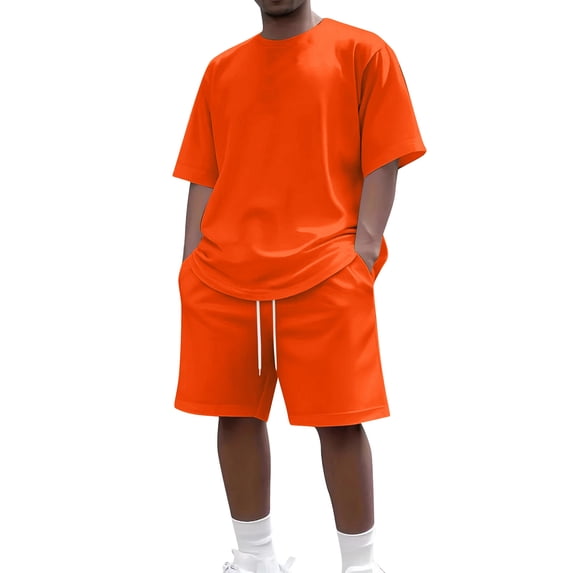CIENVNSTG Mens Short Sets 2 Piece Outfits Short Sleeve Crewneck Summer T Shirt And Drawstring Casual Track Shorts Set Orange XL