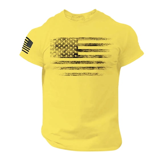 CIENVNSTG Mens Summer Daily Patriotic Tops Crew Neck Short Sleeve Vintage Distressed USA Flag Print Independence Day Casual Wear T‑Shirts Yellow 6