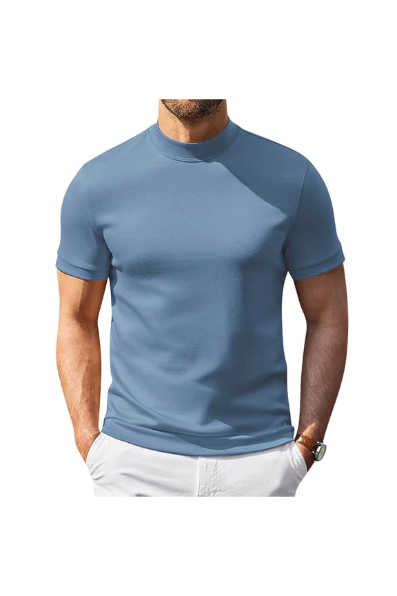 Mens Summer Tops Solid Color Mock Neck Short Sleeve T‑Shirts Lightweight Breathable Slim Fit Basic Casual Tee Tops for Daily Outdoor Street Wear Light Blue S