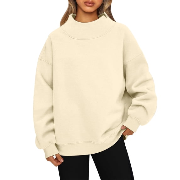 CIENVNSTG Mock Neck Sweatshirt Womens Oversized Long Sleeve Slouchy Fleece Tops Fashion Cozy Turtleneck Preppy Outfits 2026 Beige L