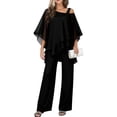 thumbnail image 1 of CIENVNSTG Mother Of The Bride Pant Suits Cold Shoulder Chiffon Ruffle Top And Wide Leg Pants Two Piece Pant Suit Wedding Guest Outfit Black L, 1 of 8