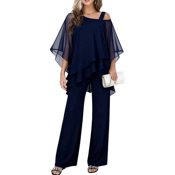 CIENVNSTG Mother Of The Bride Pant Suits Cold Shoulder Chiffon Ruffle Top And Wide Leg Pants Two Piece Pant Suit Wedding Guest Outfit Blue L