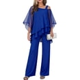 thumbnail image 1 of CIENVNSTG Mother Of The Bride Pant Suits Cold Shoulder Chiffon Ruffle Top And Wide Leg Pants Two Piece Pant Suit Wedding Guest Outfit Blue M, 1 of 8