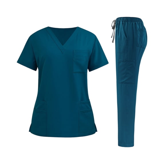 CIENVNSTG Nurse Uniforms Women Set V Neck Short Sleeve Scrub Top Multi Pocket Drawstring Pants Medical Work Uniform Scrub Set For All-Day Comfort Blue L