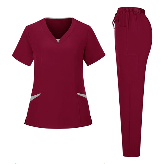 CIENVNSTG Nurse Uniforms Women Set V-Neck Short Sleeve Scrub Tops Soft Stretch Solid Color Unisex Workwear Wine L