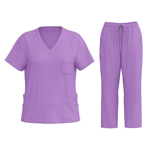 CIENVNSTG Nurses Scrubs Sets for Women V-Neck Short Sleeve T-Shirts Soft Stretch Solid Color Unisex Workwear Purple 2XL