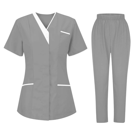 CIENVNSTG Nursing Scrubs for Women Sets V Neck Short Sleeve Workwear Shirt Soft Stretch Solid Color Straight Leg Pants Gray XL