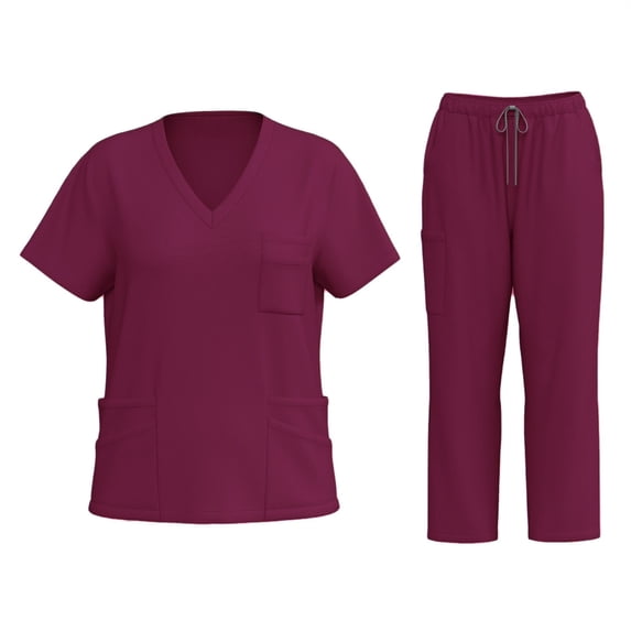 CIENVNSTG Nursing Uniforms Shirts Set Women V Neck Short Sleeve Workwear Shirt Soft Stretch Solid Color Unisex Workwear Wine M