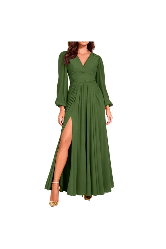 Office Dresses for Women Long Sleeves V Neck Bridesmaid Dresses Wedding Side Slit Flowy Chiffon Evening Formal Dresses Sexy Formal Wedding Guest Dress Green S