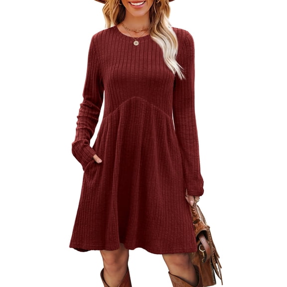 CIENVNSTG Office Dresses for Women Round-Neck Long Sleeve Elegant Dress Wine 3XL