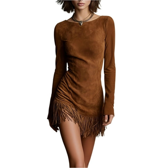 CIENVNSTG Office Dresses for Women Suede Vintage Western Round Neck Long Sleeve Fringed Formal Wedding Guest Dress Light Brown M