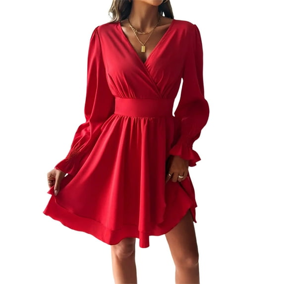 CIENVNSTG Office Dresses for Women V Neck Lantern Sleeve Wrap Mini Dress Ruched High Waist Elegant Dress Cover Up Formal Red M