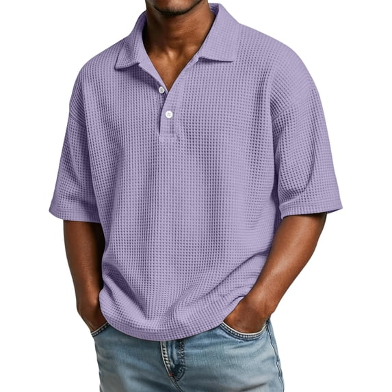CIENVNSTG Oversized Lapel Collar Shirts For Men Elbow Sleeves Button Down Waffle Fabric Loose Fit Solid Color Basic Henley Tops Casual Summer Garments For Daily Use And Outgoing Activities Purple XXL
