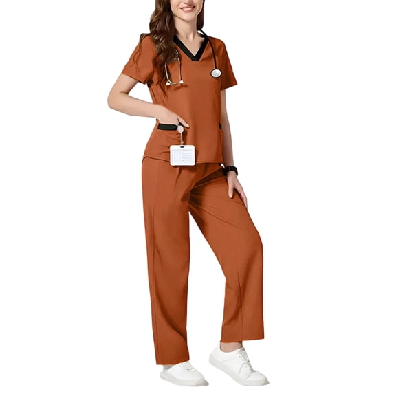 CIENVNSTG Petite Scrubs for Women Sets V Neck Short Sleeve T-Shirts Soft Stretch Solid Color Cargo Pants Medical Uniform Scrub Earthy Yellow S