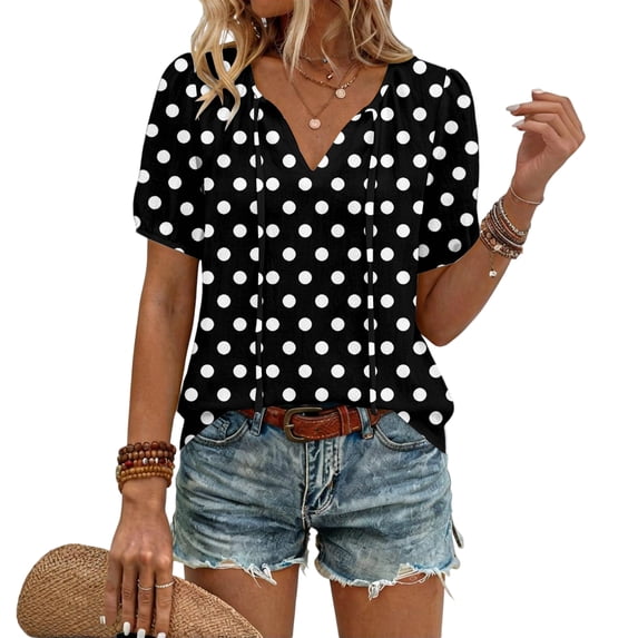 CIENVNSTG Plaid Tops for Women V Neck Short Sleeve Loose Tops Summer Casual Plaid Printed Tunic Shirts Daily Work Blouses Business Top Black S