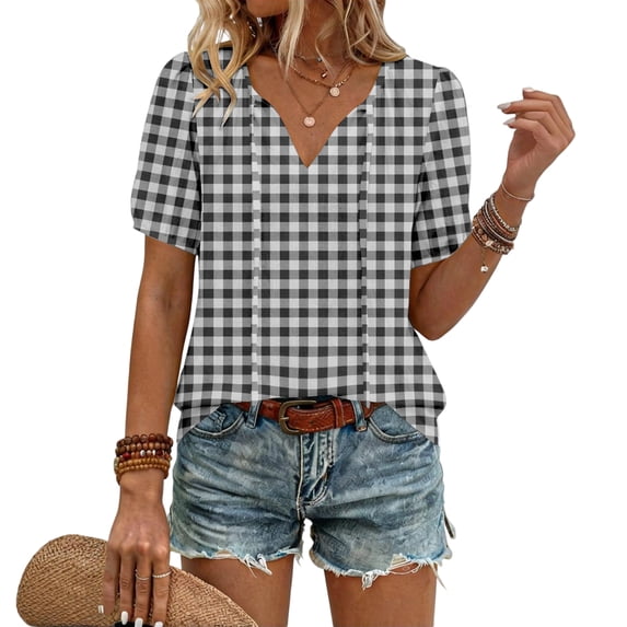 CIENVNSTG Plaid Tops for Women V Neck Short Sleeve Loose Tops Summer Casual Plaid Printed Tunic Shirts Daily Work Blouses Business Top Clear L