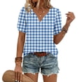 thumbnail image 1 of CIENVNSTG Plaid Tops for Women V Neck Short Sleeve Loose Tops Summer Casual Plaid Printed Tunic Shirts Daily Work Blouses Business Top Dark Blue S, 1 of 6