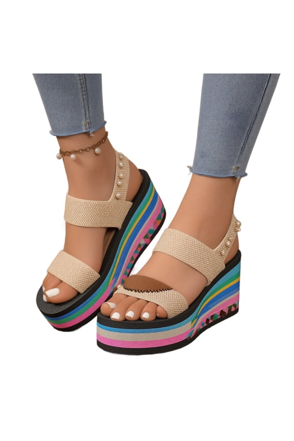 Rainbow Sole Wedge Slide Sandals for Women Lightweight Foam Base Slip On Wedge Heel Comfort Summer Footwear Beach Casual Daily Flip Flop Sandal Shoes Khaki 36