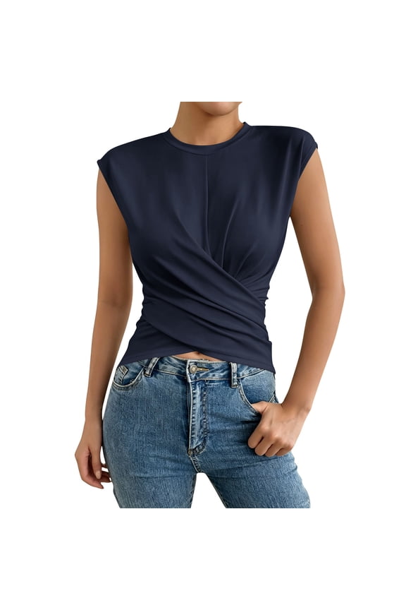 Round Neck Cap Sleeve Cross Wrap Blouses Womens Twist Front Ruched Slim Fit Stretchy Cropped Casual Summer Tank Tops Navy L