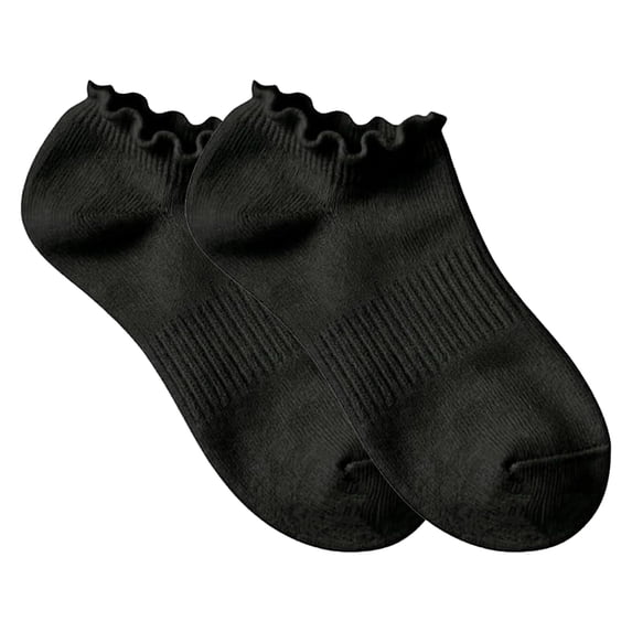 CIENVNSTG Ruffle Trim Ribbed Ankle Socks for Girls Solid Color Stretch Knit Mid Ankle Casual Spring Summer Everyday Wear Scalloped Edge Short Crew Socks Black