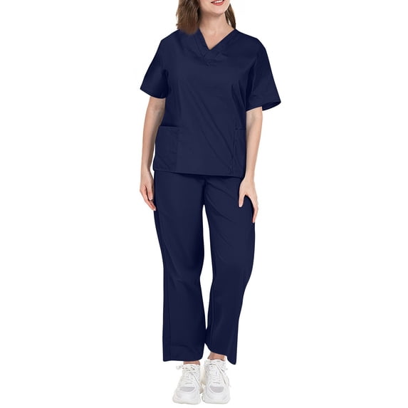 CIENVNSTG Scrub Set V Neck Short Sleeve Scrub Tops Soft Stretch Solid Color Cargo Pants Medical Uniform Scrub Navy S