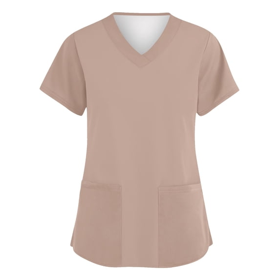 CIENVNSTG Scrub Top for Women Solid Color V Neck Short Sleeve Shirt with Dual Patch Pockets Side Split Hem Stretch Work Apparel Daily Duty Wear Khaki XXL