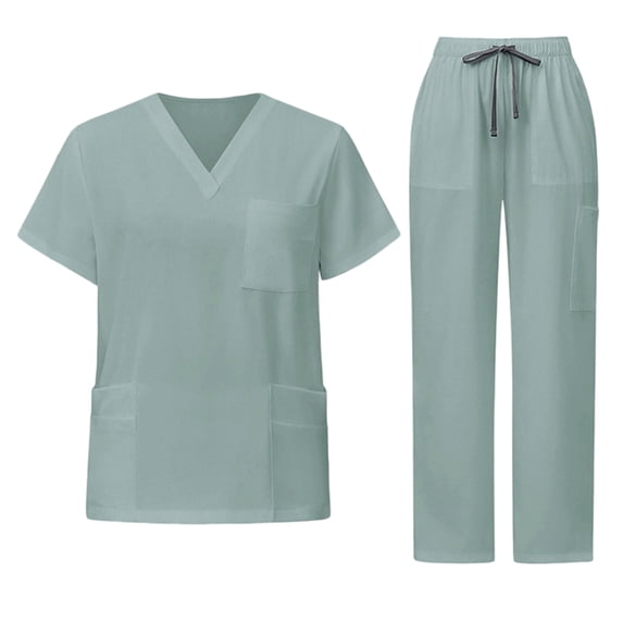 CIENVNSTG Scrubs Set V-Neck Short Sleeve Workwear Shirt Soft Stretch Solid Color Unisex Workwear Mint Green XL