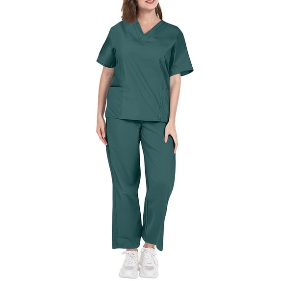 CIENVNSTG Scrubs Women Set V Neck Short Sleeve T-Shirts Soft Stretch Solid Color Straight Leg Pants Dark Green 2XL
