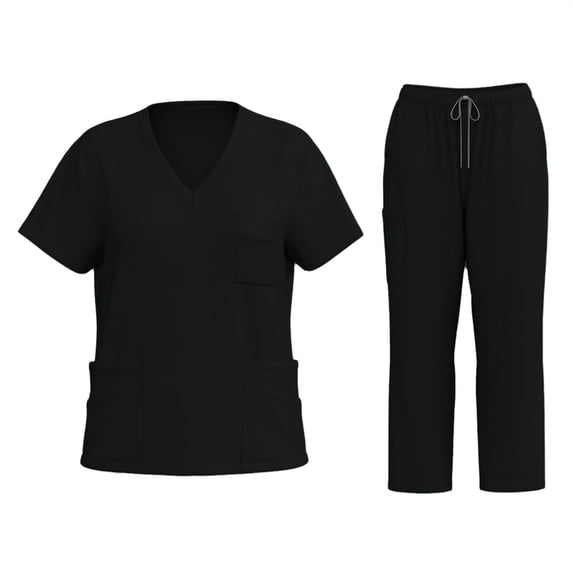 CIENVNSTG Scrubs for Women Set Joggers V Neck Short Sleeve T-Shirts Soft Stretch Solid Color Straight Leg Pants Black S