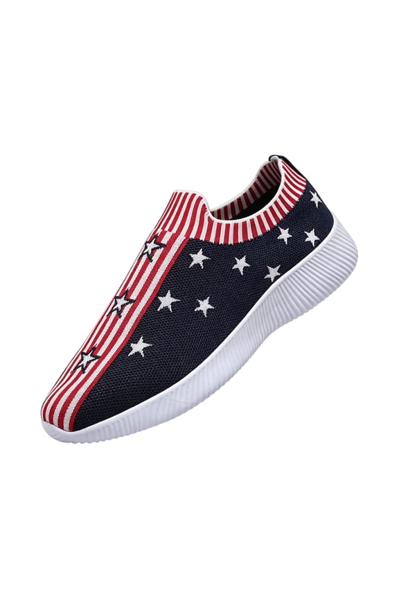 Slip On Knit Sneakers for Women Independence Day Star Stripe Mesh Knit Upper Sock Collar Flexible Flat Outsole Summer Casual Footwear Navy 37